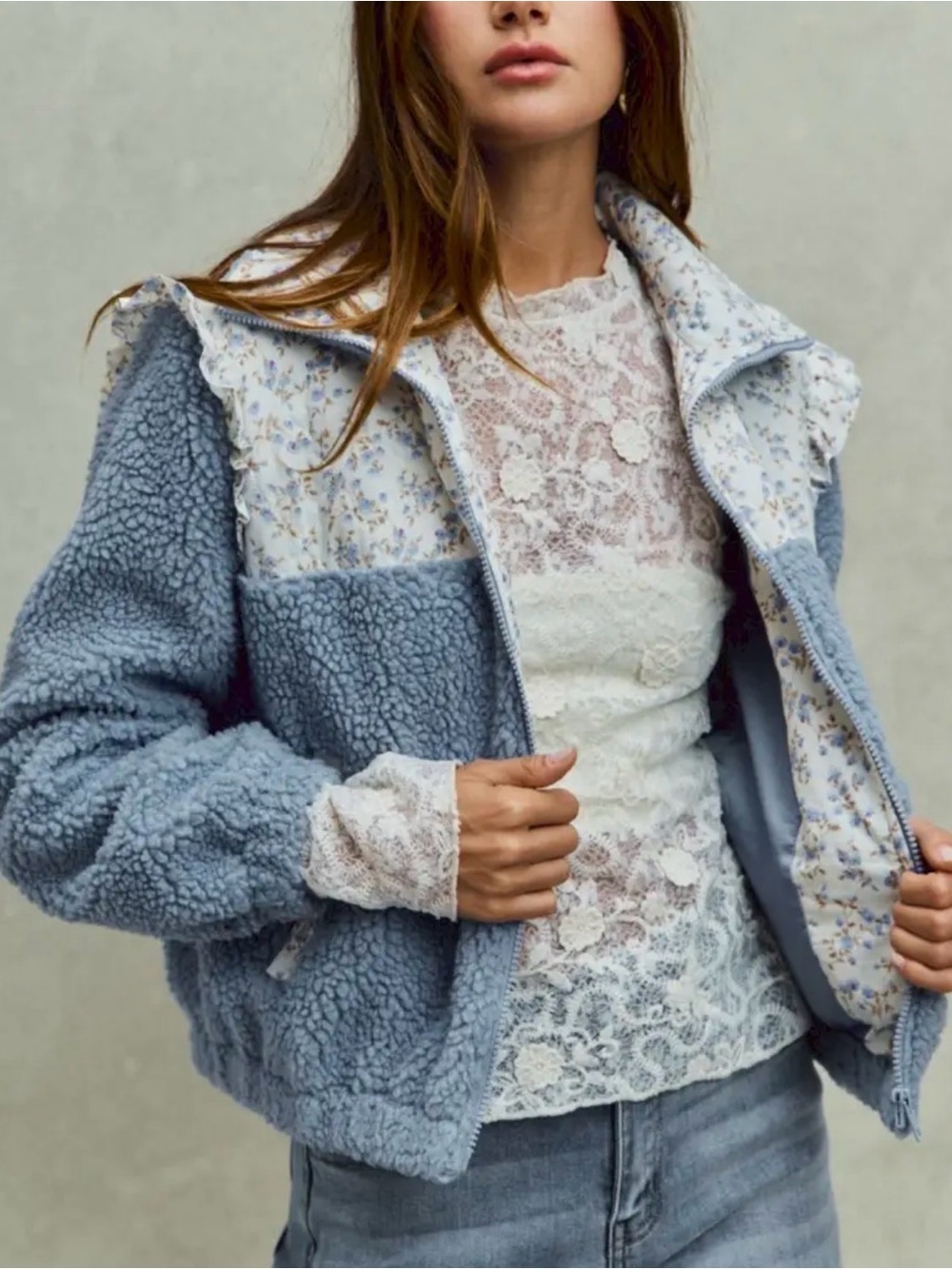{NWT} SO ME Faux Fur Sherpa Pull Jacket with Floral Contrast Small - Picture 2 of 9